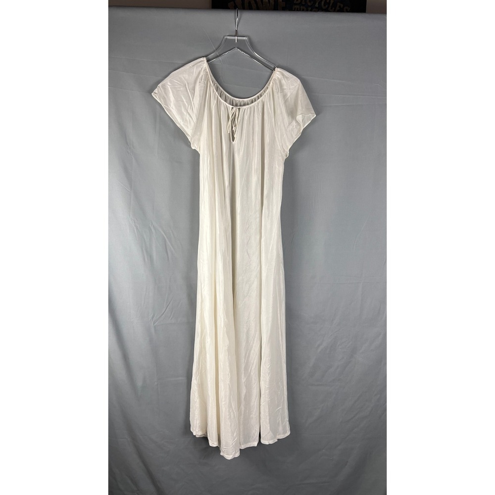 Vintage Long Chemise Nightgown Women Beige Lightweight Flutter Sleeve Split Neck